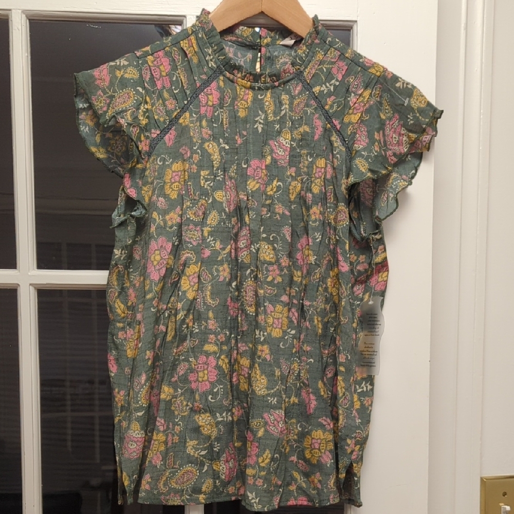 NWT Nanette Lepore Green/Grayish Floral Short Sleeve Top Size Small